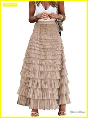 Tiered Tulle Maxi Skirt - Sheer Mesh A-Line Flared Elastic Waist Long Skirt for